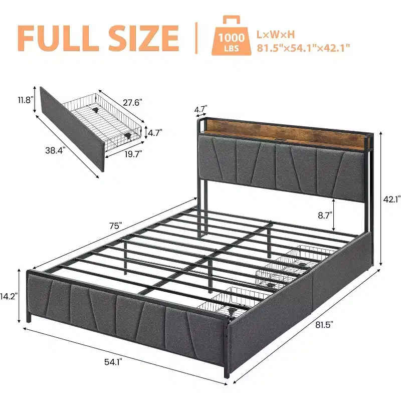 Upholstered Platform Bed Frame with Storage Drawers & Charging Headboard - Twin, Full, Queen or King Size, Gray