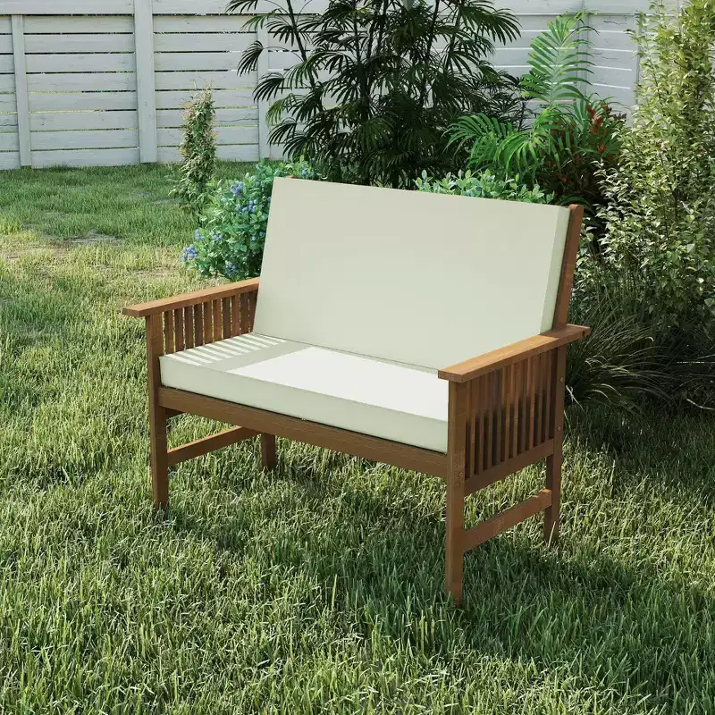 HOMLUX Patio Solid Wood Garden Bench 2-Seat Chair with Seat Cushion & Inclined Backrest