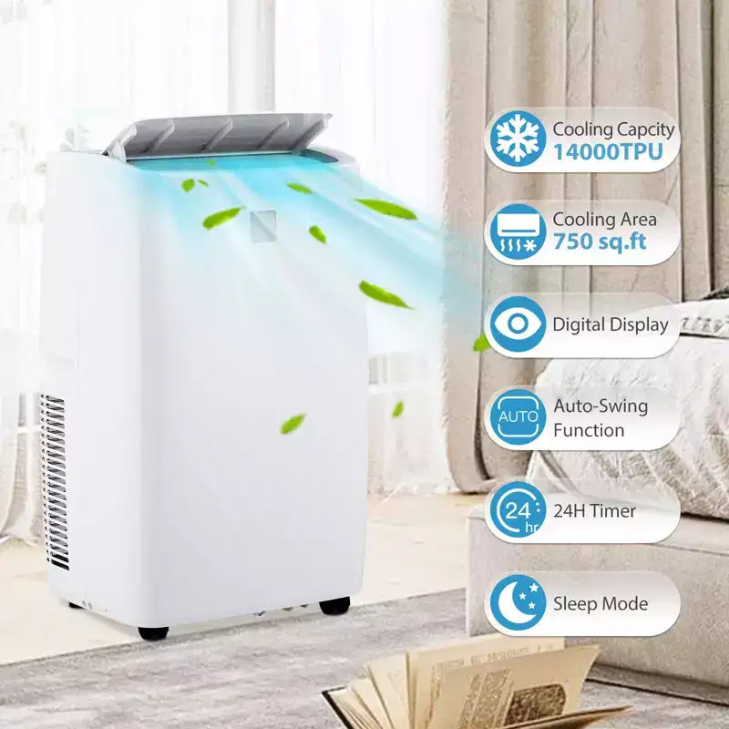Portable Air Conditioner & Dehumidifier, 14,000 BTU for 750 Sq Ft Rooms, with Sleep Mode, Swing Fan, Timer, Remote & Window Kit