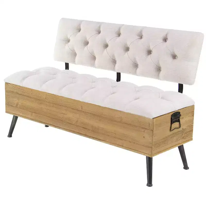 Industrial Wood Rectangular Upholstered Storage Bench White: Entryway, Dining Seating
