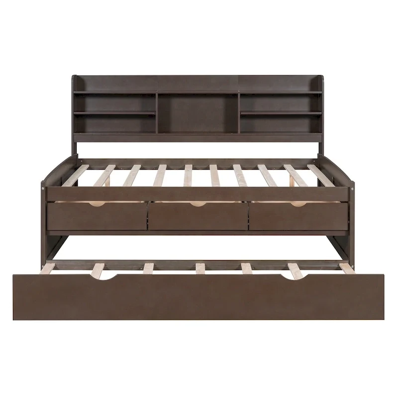 Full Pine Captain Bed with Shelves, Drawers & Trundle