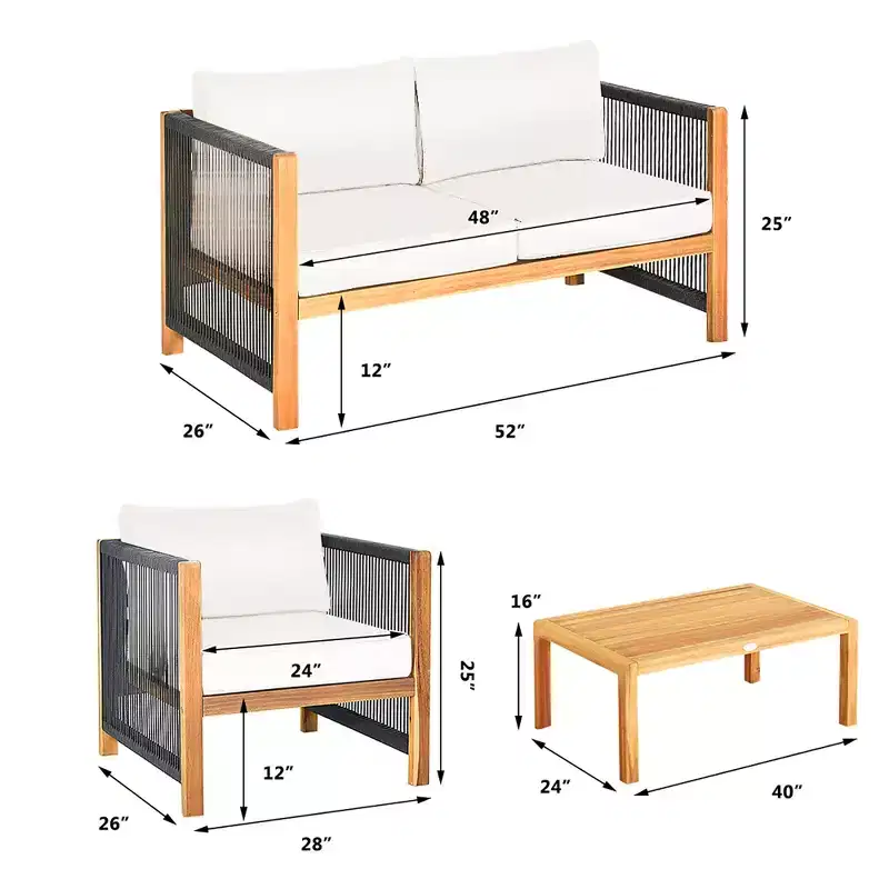 Costway 4PCS Wooden Patio Furniture Set Cushioned Sofa W/Rope Armrest White\Turquoise\Red