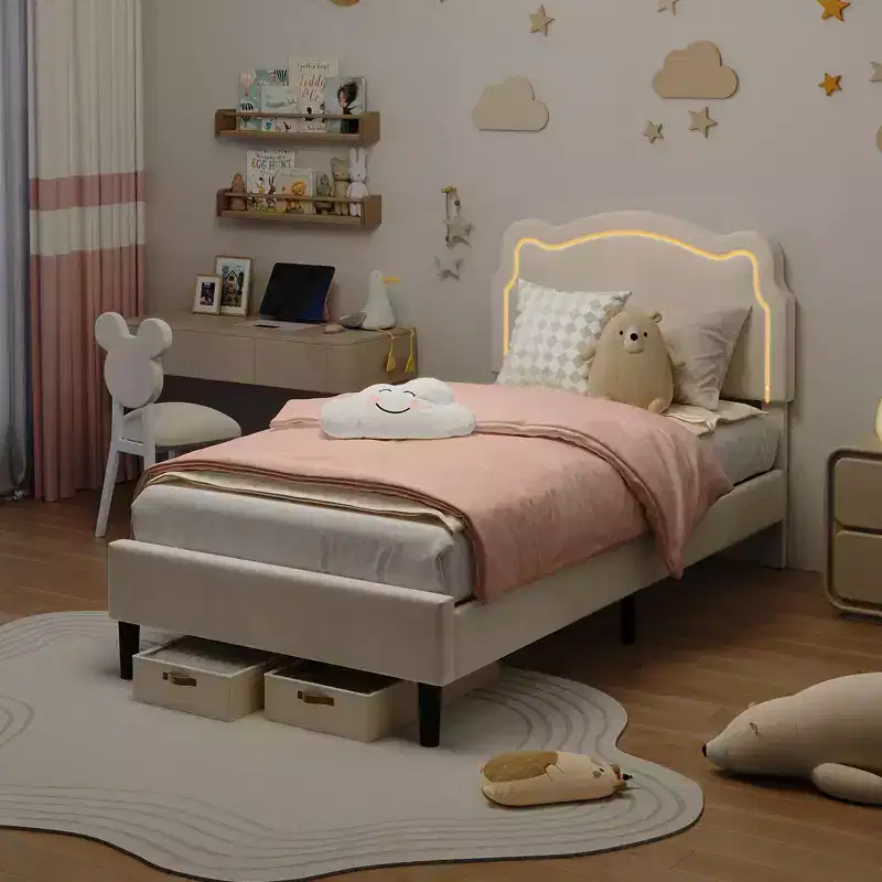 Twin Upholstered LED Bed Frame with Headboard for Kids