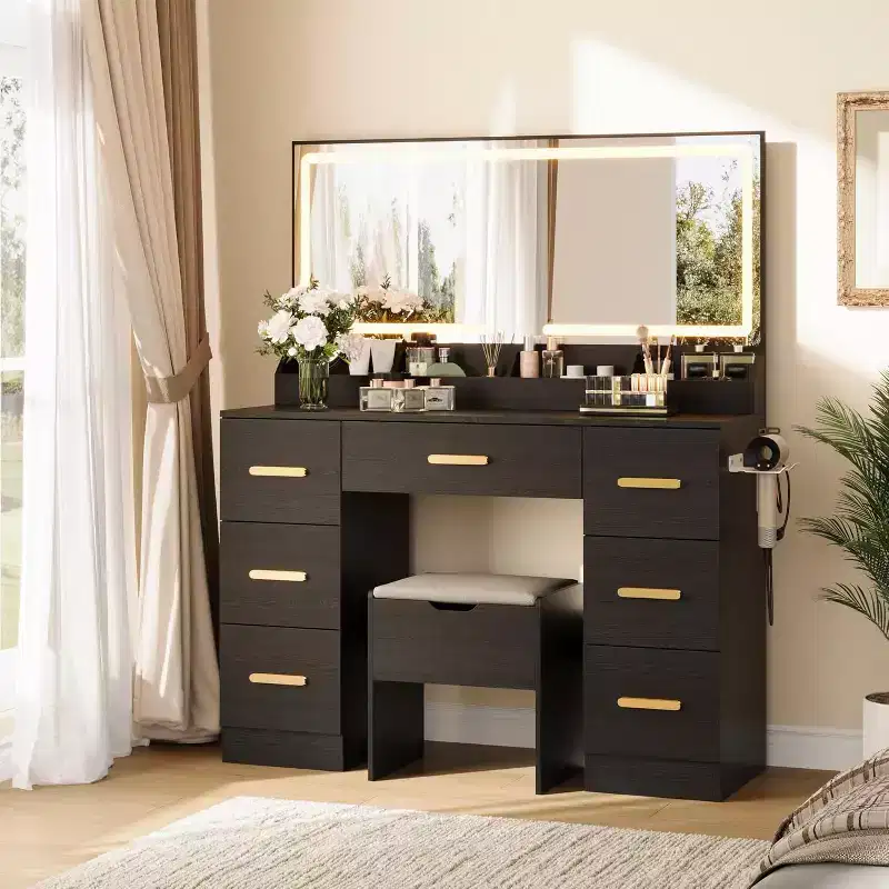 Vanity Desk with Large Mirror and Lights, 45.9In Makeup Vanity Desk, Adjustable Brightness, Power Outlet, 8 Drawers, for Powder Room and Bedroom