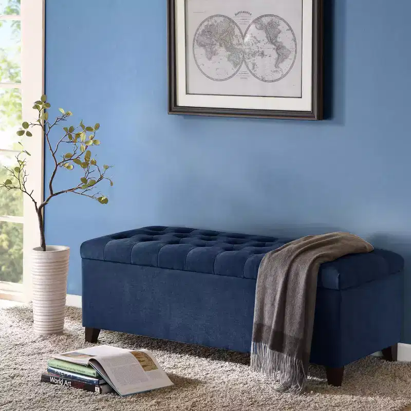 Multifunctional Storage Ottoman Bench with Top Tufted Button Upholstered Footrest Stool Bed Bench Soft Close for Couch Bedroom Entryway