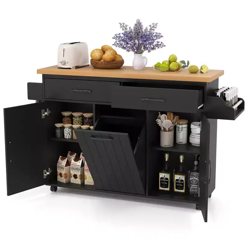 Costway Rolling Kitchen Island Kitchen Cart with Tilt-out Trash Cabinet Island Table White/Black