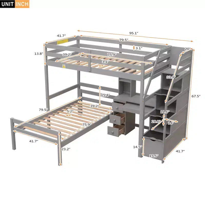 L-Shaped Twin over Twin Bunk Bed with Storage Staircase, Desk, Shelves and Drawers