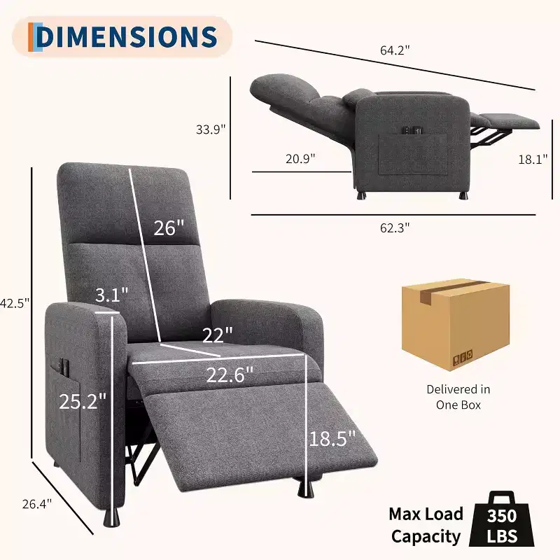 Recliner Chair, Adjustable Recliner Ergonomic Overstuffed Single Sofa, Tall Back, Padded Seat, 2 Side Pockets, Home Theater Seating for Living Room