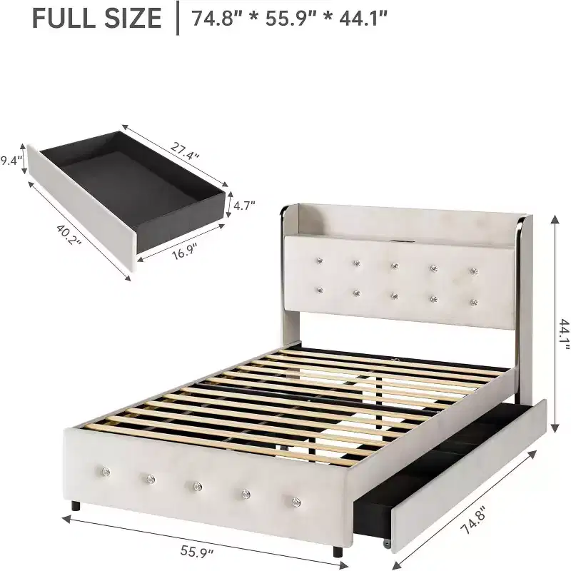 Full-size Bed Frame, with Headboard Shelf and Charging Station, 4 Storage Drawers, Supported by Wooden Strips, no Springs Required, White