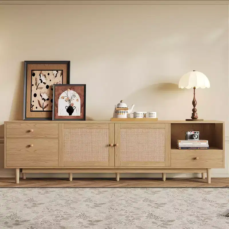 GDFStudio Danny Boho TV Stand with Rattan Woven Doors, Open Storage and Drawers