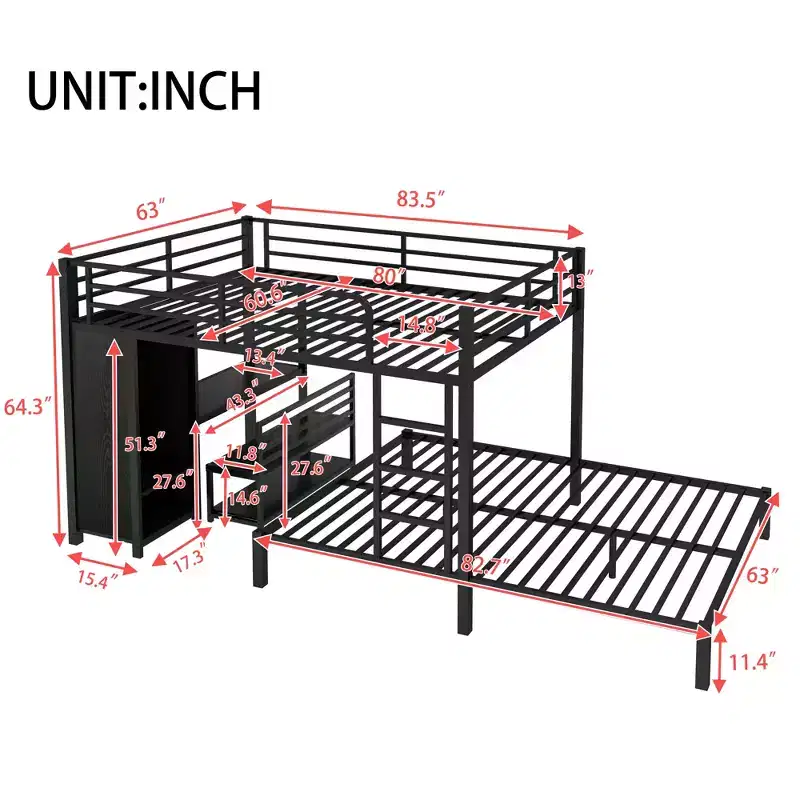 Queen over Queen Size Bunk Bed Frame with Built-in Wardrobe, Metal Bunk Bed with Desk and Storage Chairs, Black