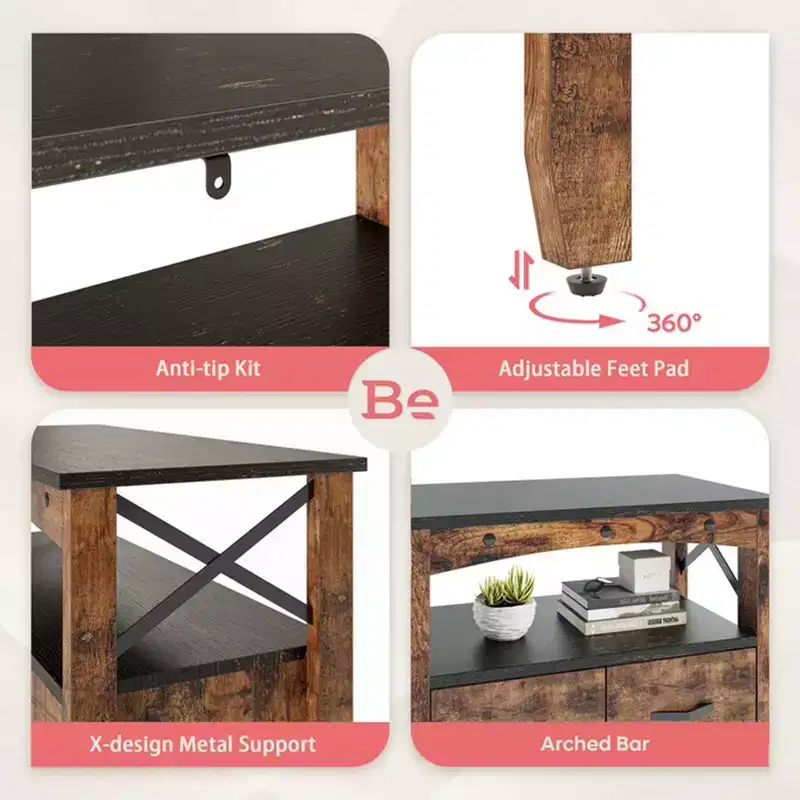 Bestier Rustic Storage Cabinet Organizer Table with 2 Display Shelves and 4 Drawers for Living Room, Office, Bedroom, or Hallway, Dark Brown