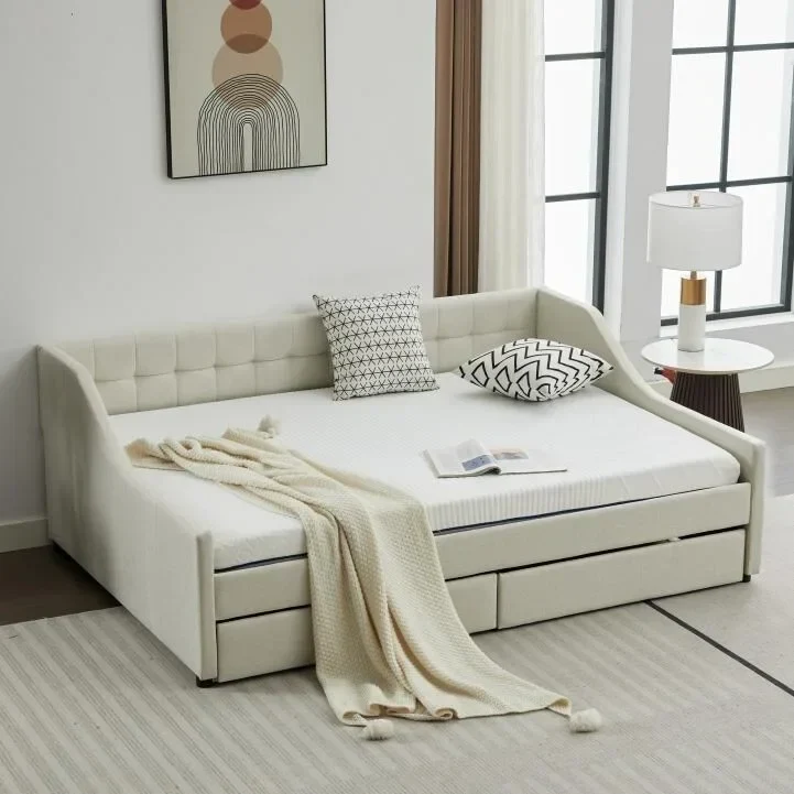 Gray / Beige Striped Cotton Twin Daybed with Storage Drawers, Seats & Sleeps 1