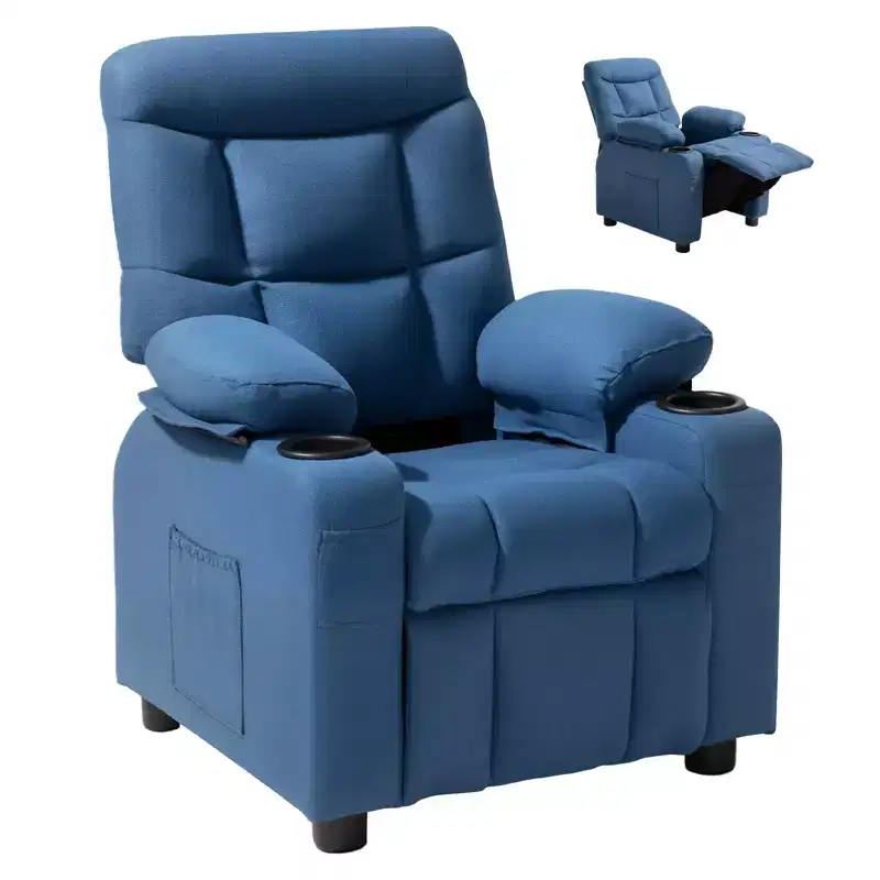 VEVOR Kids Reclining Chair, Toddler Recliner with Cup Holders and Pockets, 107 to 126 Adjustable Backrest, Breathable Polyester Fabric, Blue