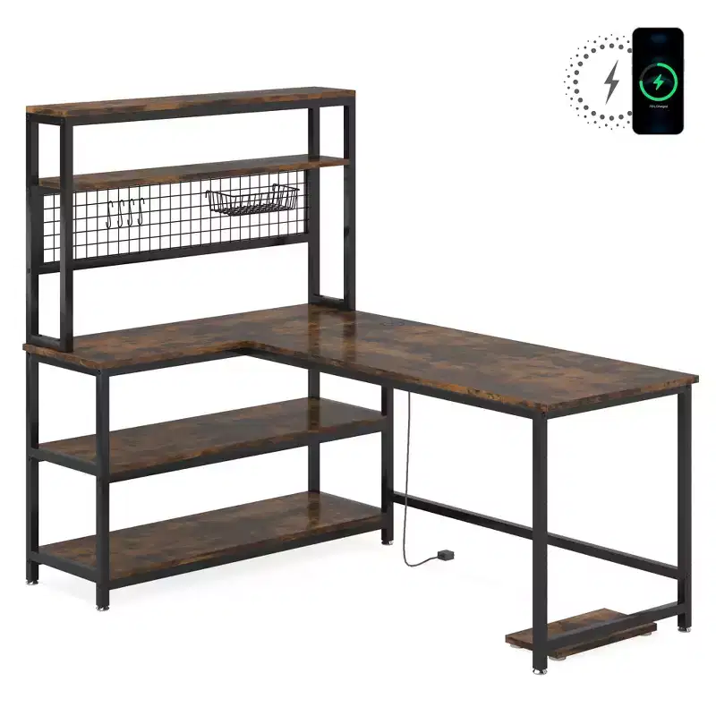 Brown/White L-Shaped Computer Desk with Hutch & Wireless Charging, 1-Person