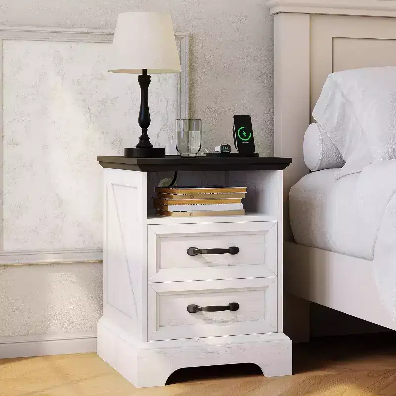 Farmhouse Rustic Nightstand with Charging Station, Modern Wood Bedside Table with 2 Drawers & Open Shelf, White Accent End Table