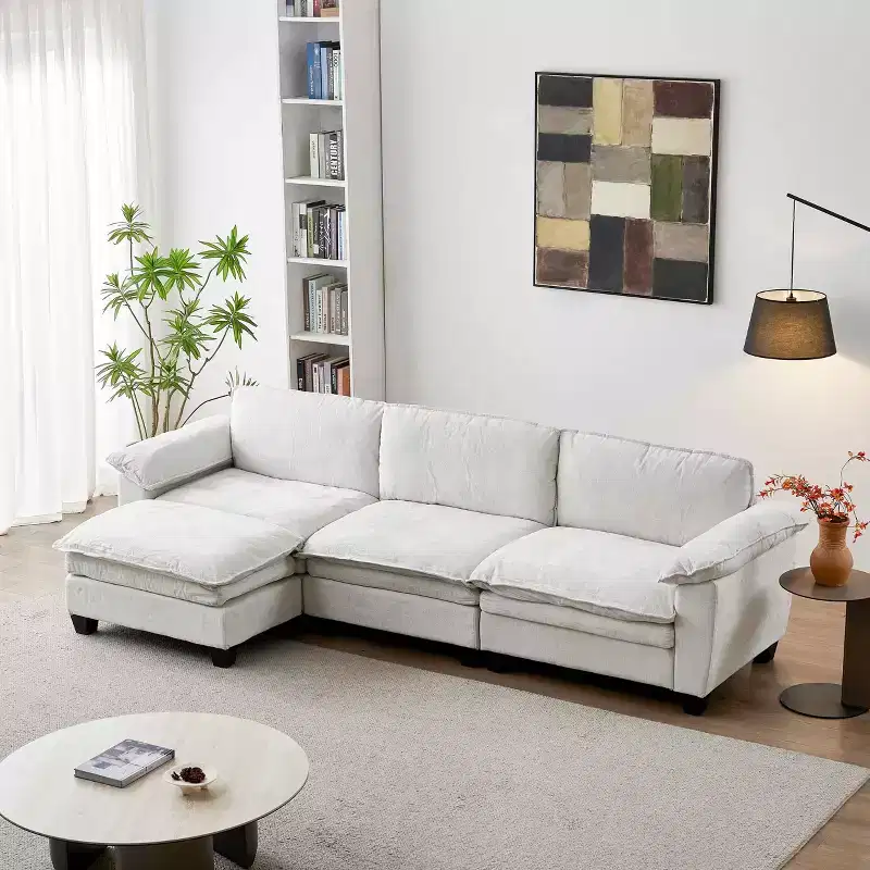 Modern Luxury Sofa with Ottoman, Soft Chenille Upholstered, for Living Room, Beige