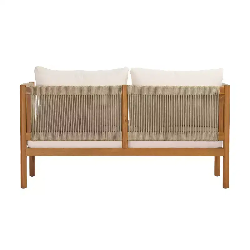 Christopher Knight Home Bradley Patio Modern Acacia Wood 2-Piece Loveseat and Coffee Table Set with Woven Rope Panels and Cushions