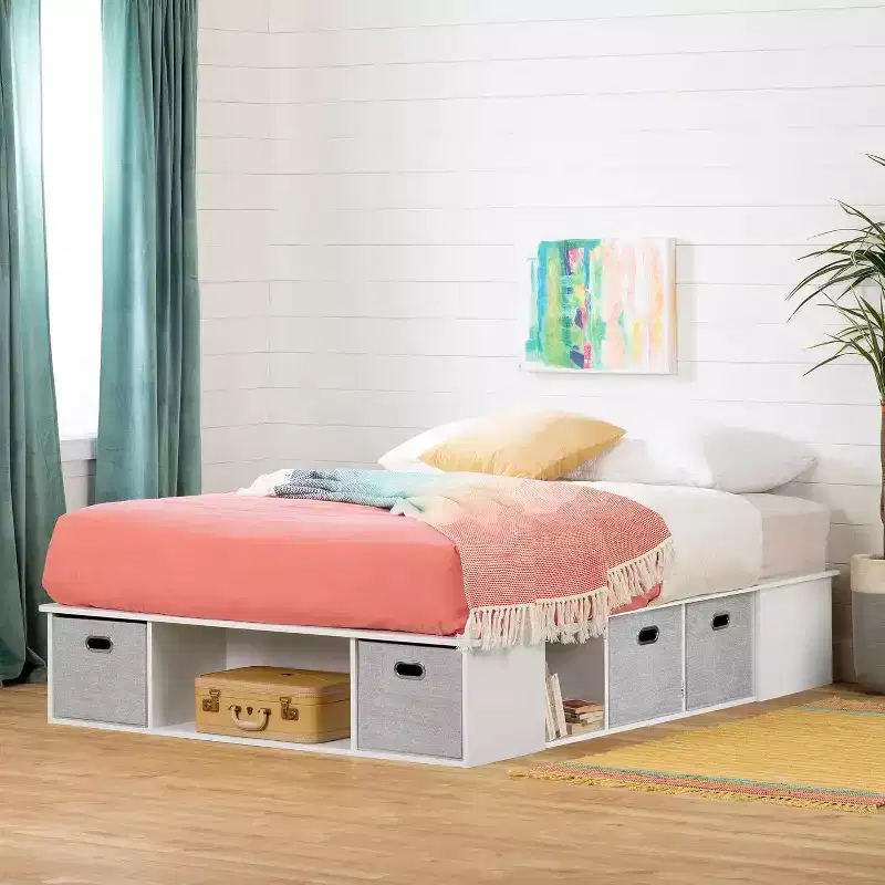 Queen Platform Storage Bed with Underbed Shelves & Fabric Bins – White, No Box Spring Needed