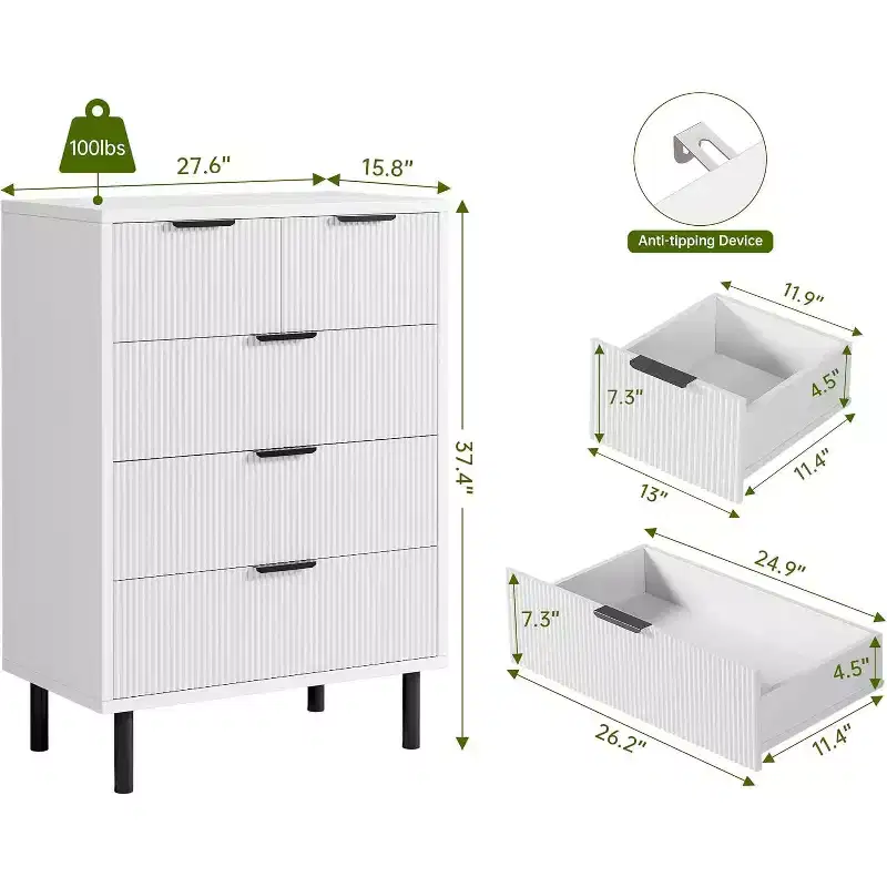 DobleePy 5-Drawer White Fluted Dresser, Modern Tall Chest with Metal Legs for Bedroom, Living Room, Home Office, Hallway
