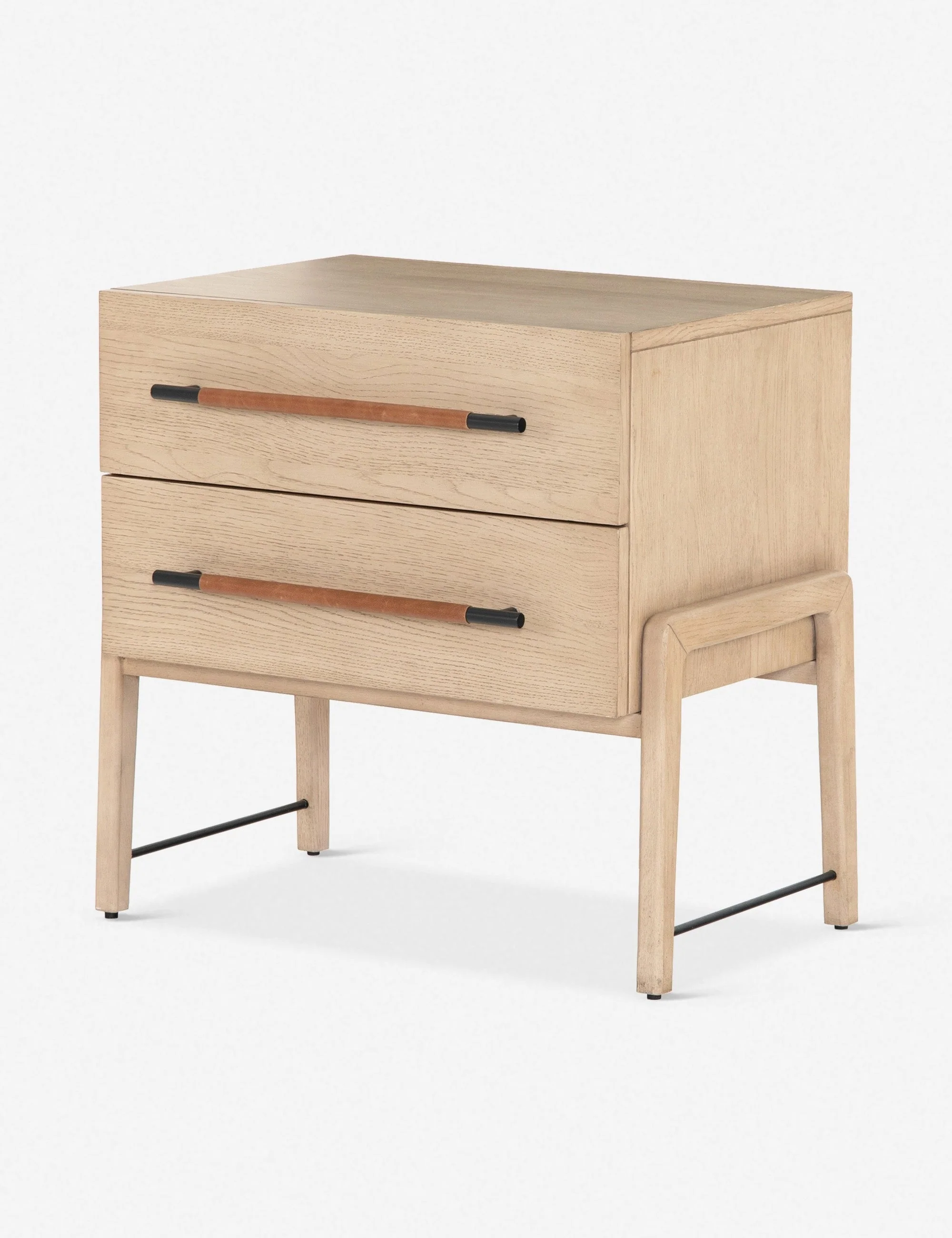 Nightstand With its clean lines, sandy finish, and leather accents, this nightstand brings a refined, minimalist effect to your bedroom