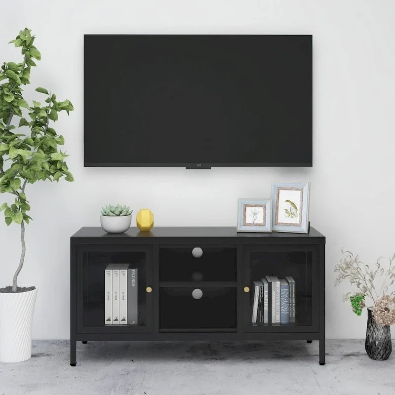 Black Steel & Glass TV Cabinet | 41.3x13.7x20.4 Inch | Modern Media Console