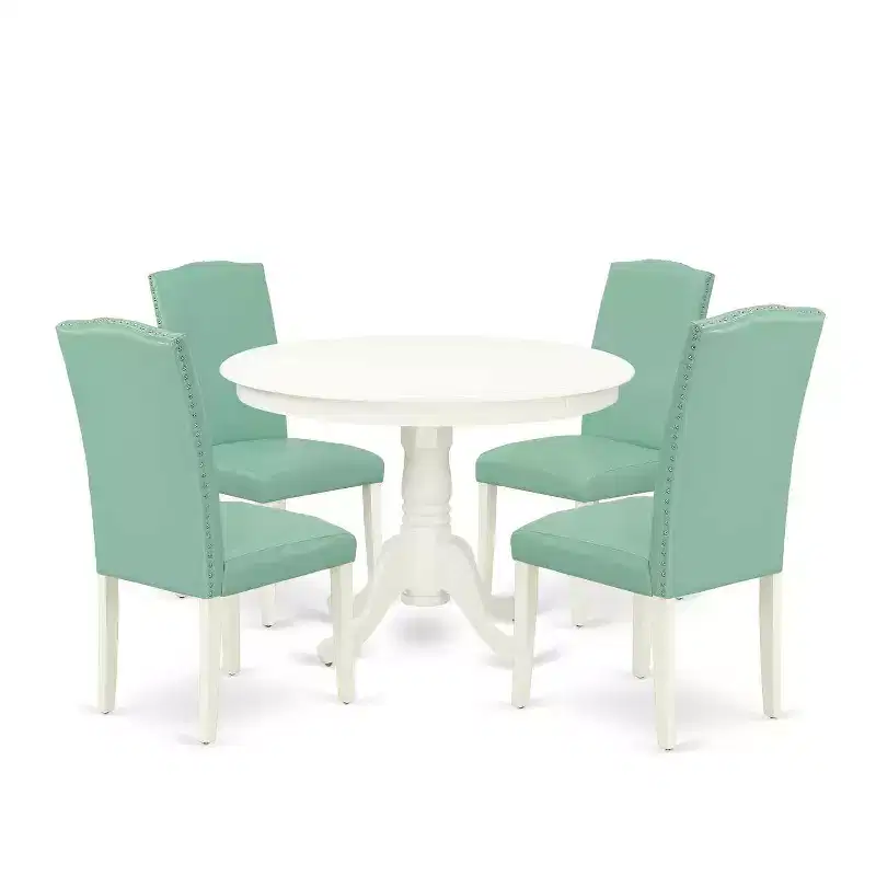 Dinette Set 5Pc Round Table & Chairs - 42 Inch Kitchen Table Set PU Leather Pond Finish