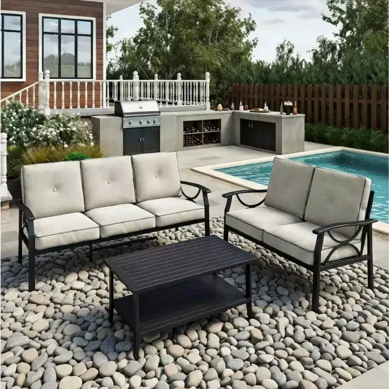 3-Piece Metal Patio Furniture Set, 5-Seat All-Weather Conversation Sofa with Thick Cushions