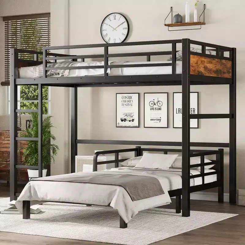 Twin XL over Twin XL Metal Bunk Bed/Metal Loft Bed and Metal Platform Bedswith raised security fenceVintage Wood-colored