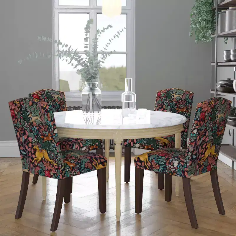Navy Nail Button Patterned Dining Chair – Linen-Cotton Blend, Camel Back, Tapered Wood Legs