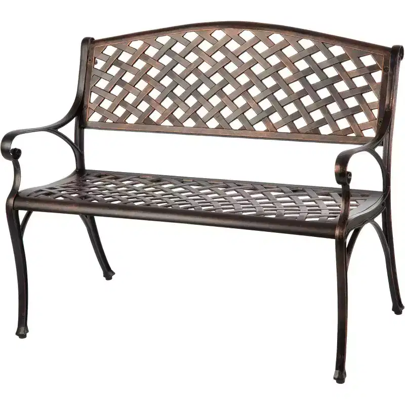 Balkene Home 61491 Patio Bench, Cast Aluminum, Lightweight & Sturdy, Garden/Backyard, Basketweave Design, Antique Bronze