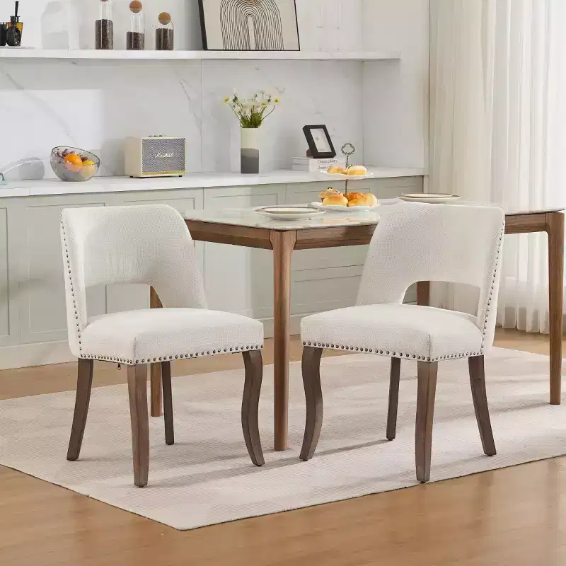 Set of 2 Modern Upholstered Dining Chairs with Curved Backrest and Wood Legs