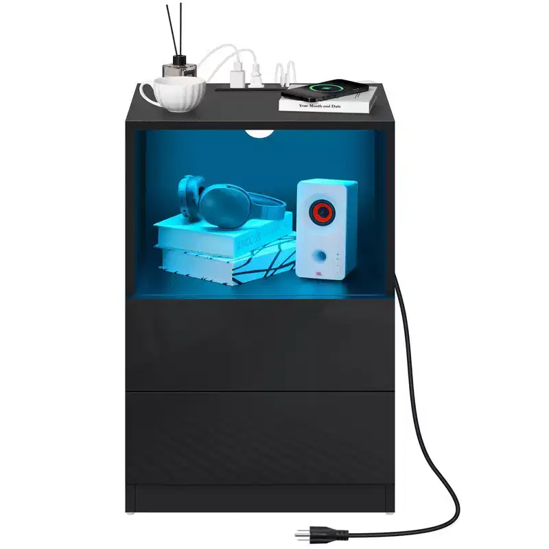 Modern Open Shelf Bedside Table LED Nightstand with Charging Station