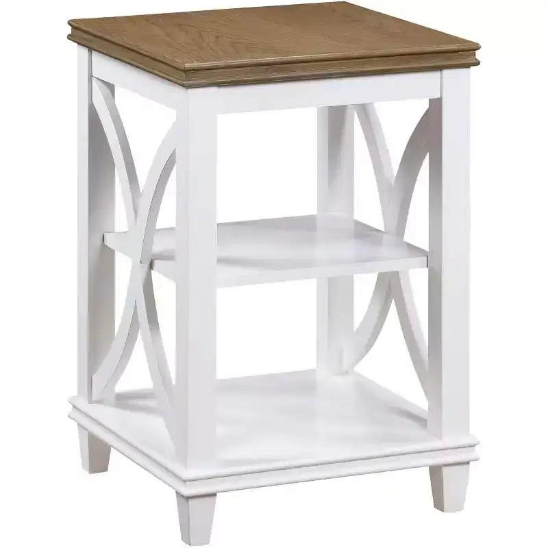 HomeStock Belmont End Table with Shelves Italian Inspired X-Side Design Two-Tier Storage Solid Rubberwood with Oak Veneer Accent Table