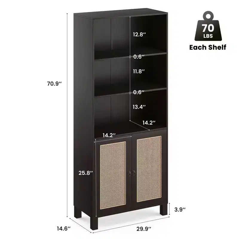 5-Shelf Tall Bookcase with Rattan Doors – White, 71