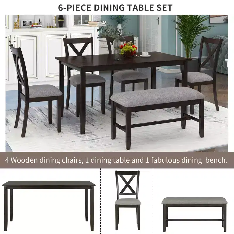 Whisen 6-Piece Wooden Rectangular Kitchen Dining Table Set with 4 Fabric Chairs and Bench