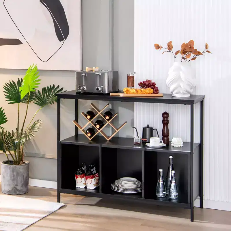 Costway Buffet Sideboard Kitchen Storage Cabinet Open Shelf w/ 3 Compartments Black\Rustic