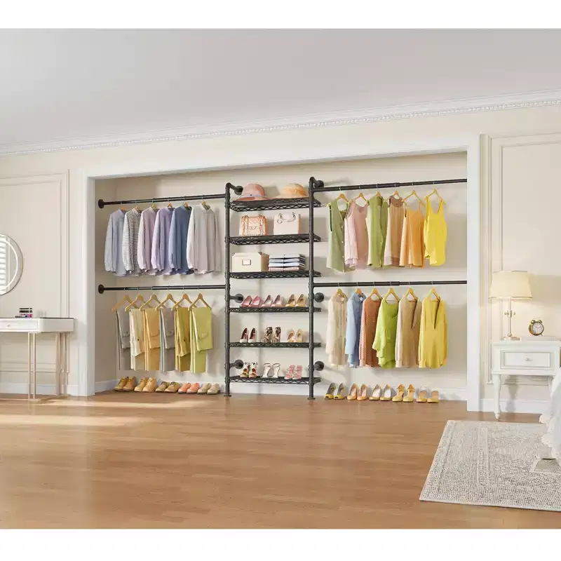 Closet Organizer System, Expandable Wall Mounted Clothes Rack, Industrial Pipe Garment Rack, Fits Spaces 6'4-9'3