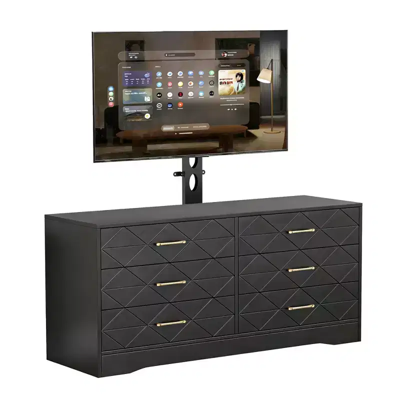 White TV Stand with Mount for 32-80 Inch TVs, 6 Drawer Wood Media Console & Entertainment Center with Height Adjustable Mount, Storage TV Dresser