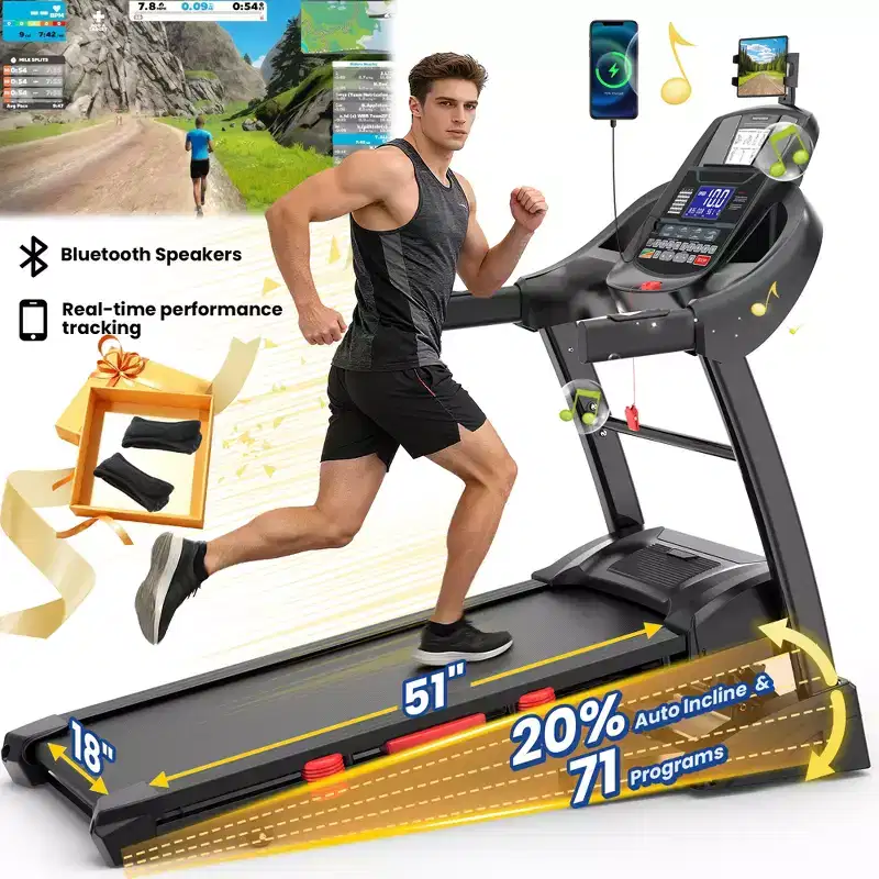 Folding 3HP Electric Treadmill Running Machine APP Control Bluetooth Black