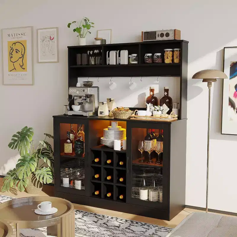 47Inch Wine Bar Cabinet, Liquor Cabinet Kitchen Coffee Bar Storage, Storage Buffet for Home Office Dining Room, Black