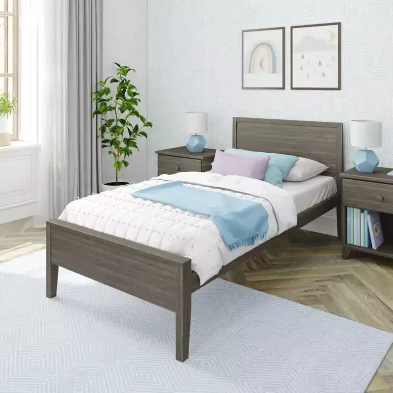 Max & Lily Twin Bed Frame, Solid Wood Classic Platform Bed with Panel Headboard for Kids