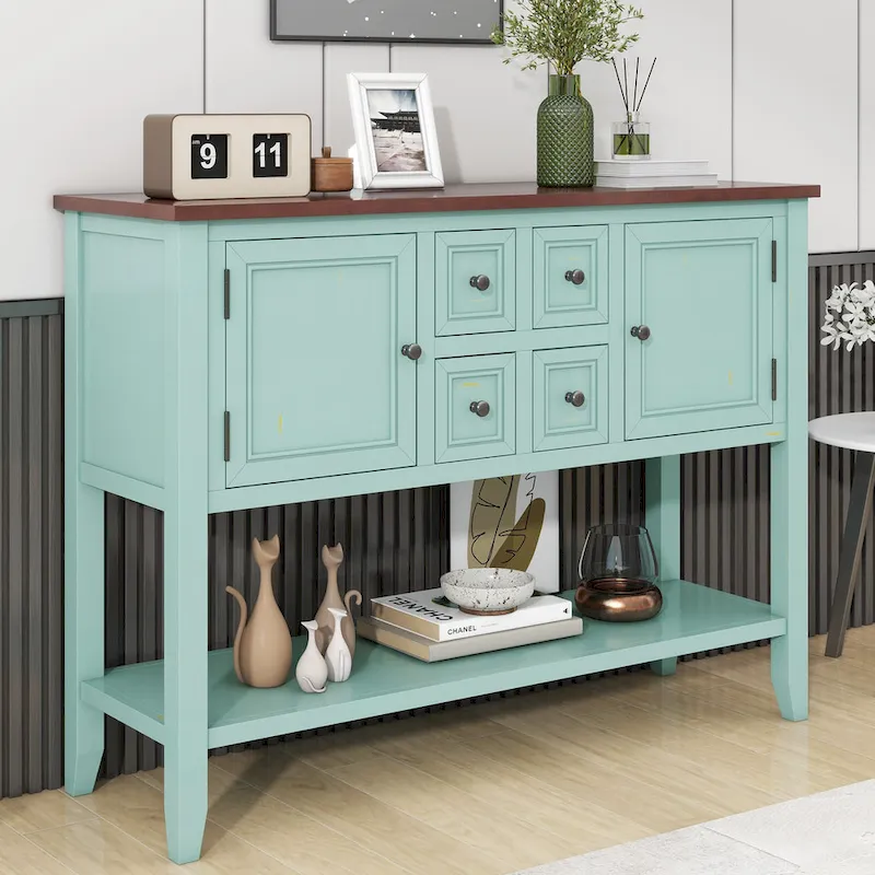 Retro Sideboard Console Table with Drawers and Bottom Shelf