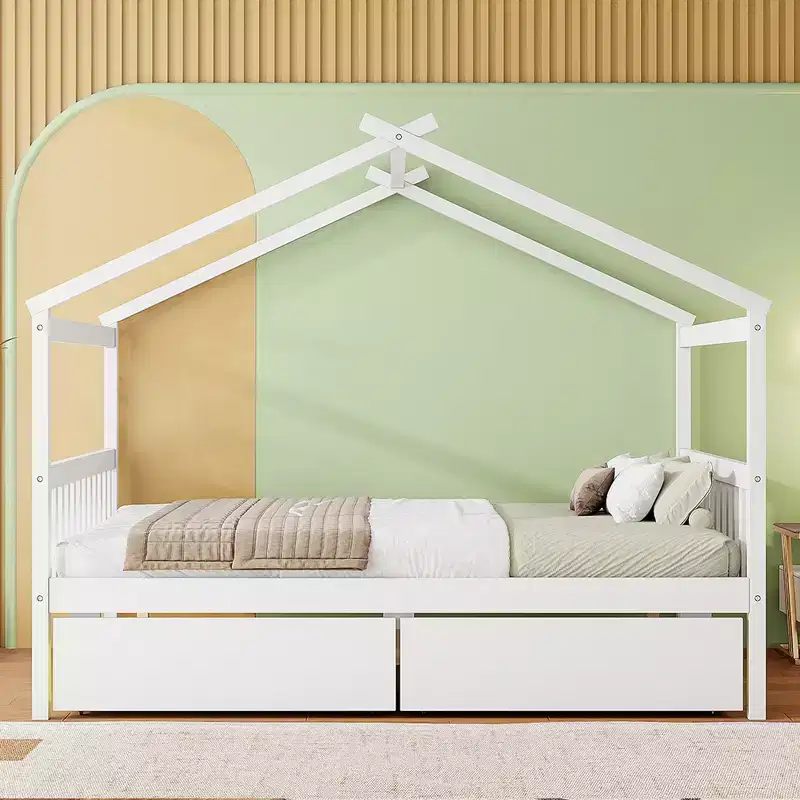 Twin/Full Size Wooden House Bed with 2 Storage Drawers, Wood Montessori Daybed Frame with Roof