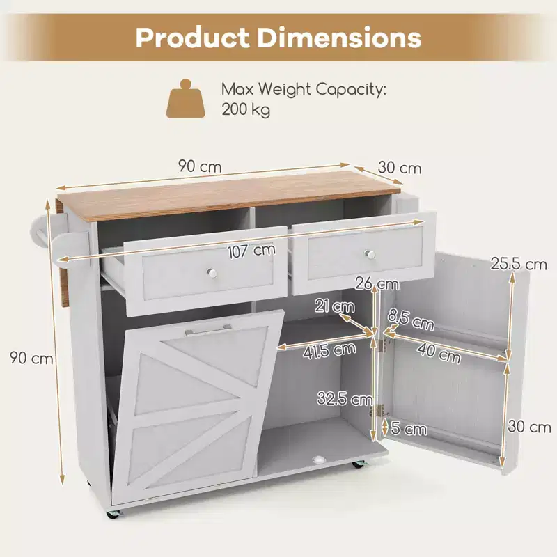 Costway Rolling Kitchen Island Kitchen Island Cart with Drop Leaf Trash Can Cabinet Black/White