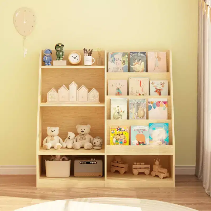 4-Tier Wooden Kids Bookshelf with Toy Storage, Front-Facing Book Display Organizer for Kids Room, Natural