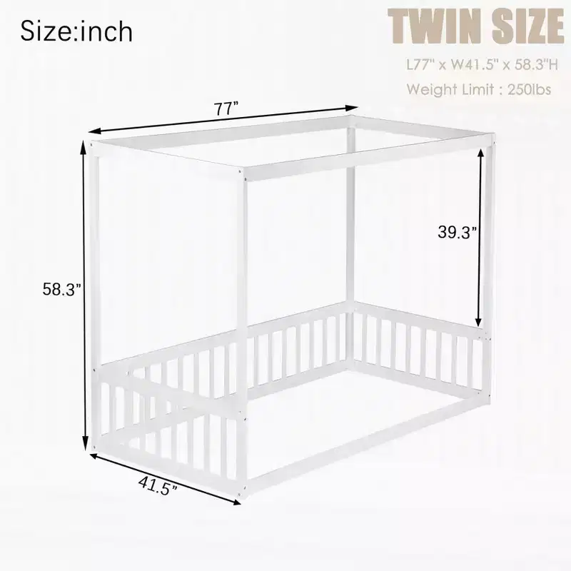 Twin Canopy Frame Floor Bed with Fence