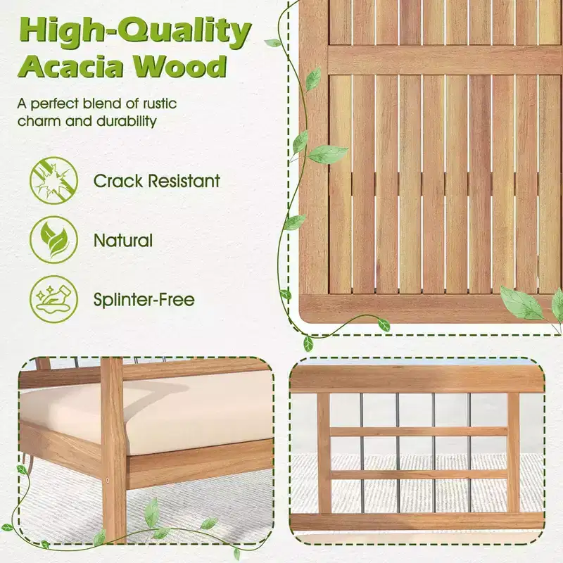 Costway 4 PCS Wood Patio Furniture Set with Soft Seat Cushions Solid Acacia Wood Frame Off White/Gray