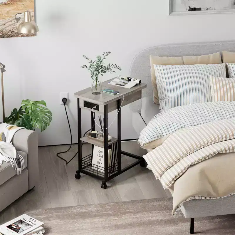 C Shaped End Table with Charging Station, Flip Top Side Table, Narrow Side Table with 3 Tier Storage Shelf, for Living Room & Bedroom