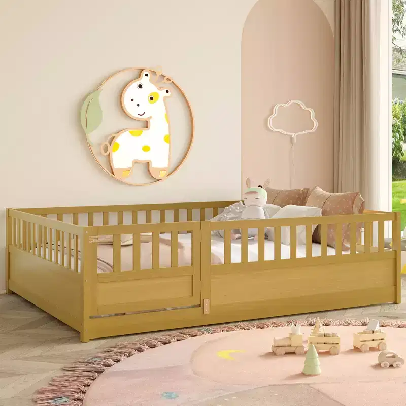 Children's Drop-Side Crib Frame, Full-Size One-Piece Construction with Extra-High Safety Rails and Door, Natural Wood Slatted Base